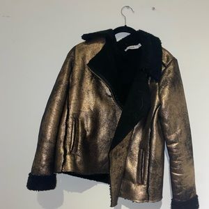Metallic Bomber Jacket with Fur Lining